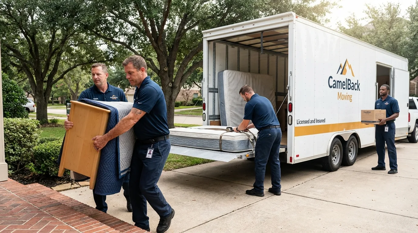 Crew loading residential truck for cross-state move from Belle Plaine, IA