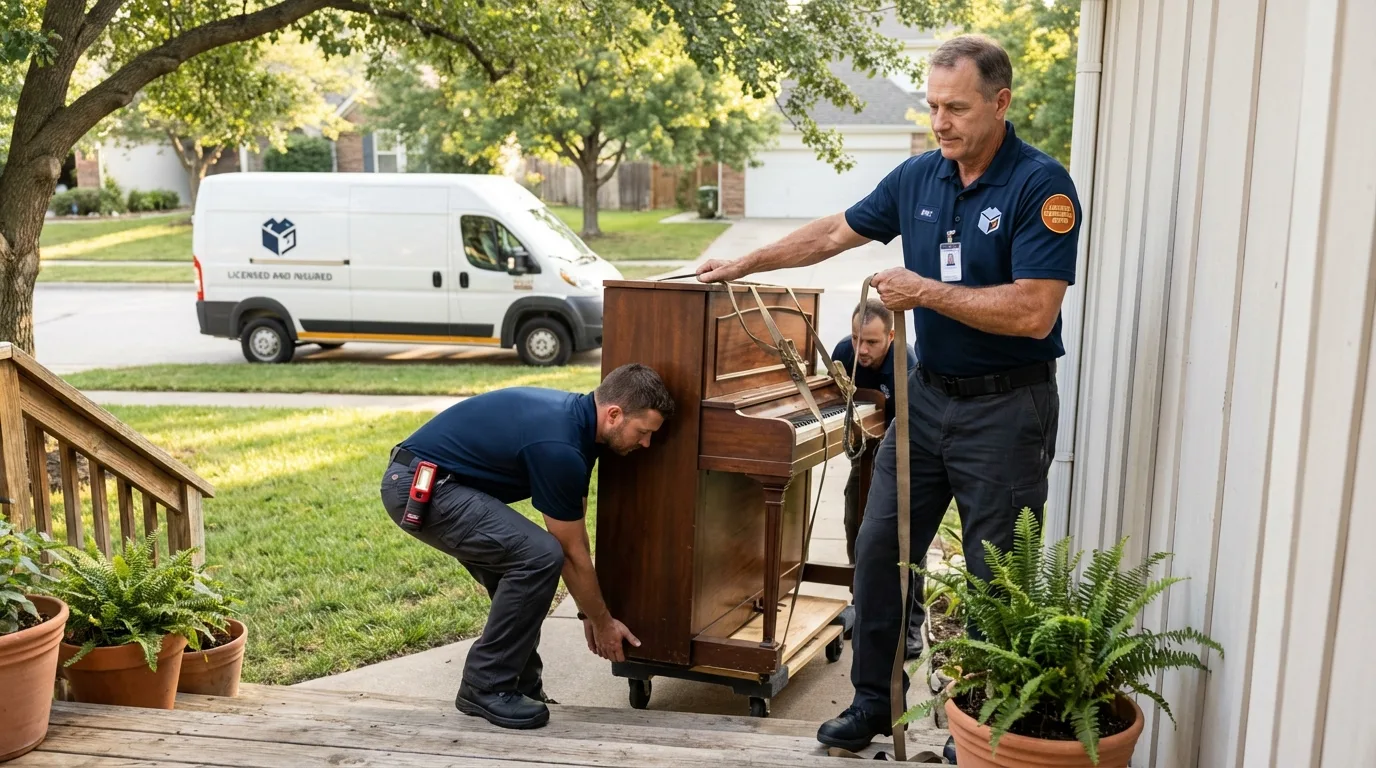 Licensed piano movers securing grand piano in Belle Plaine, IA