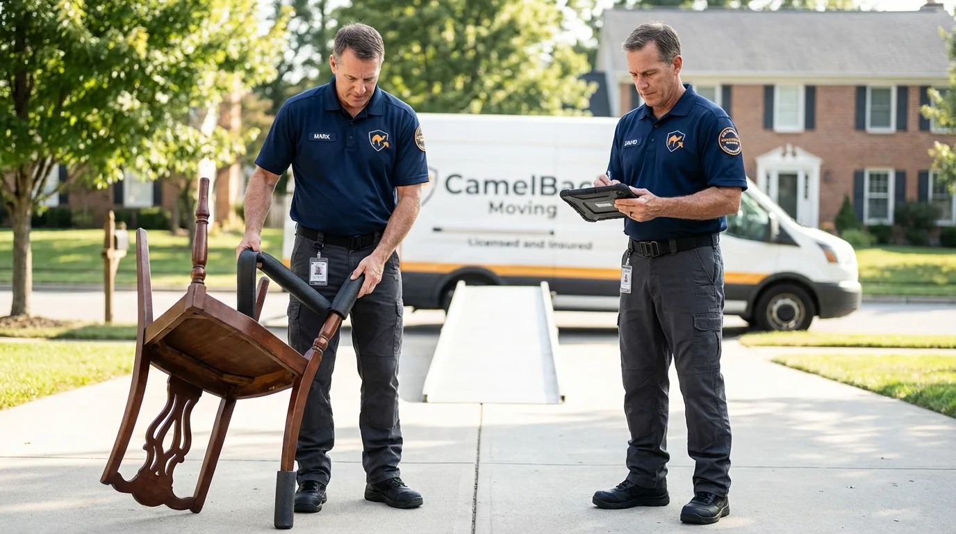 Movers inspecting furniture for damage prevention before loading in Belle Plaine, IA