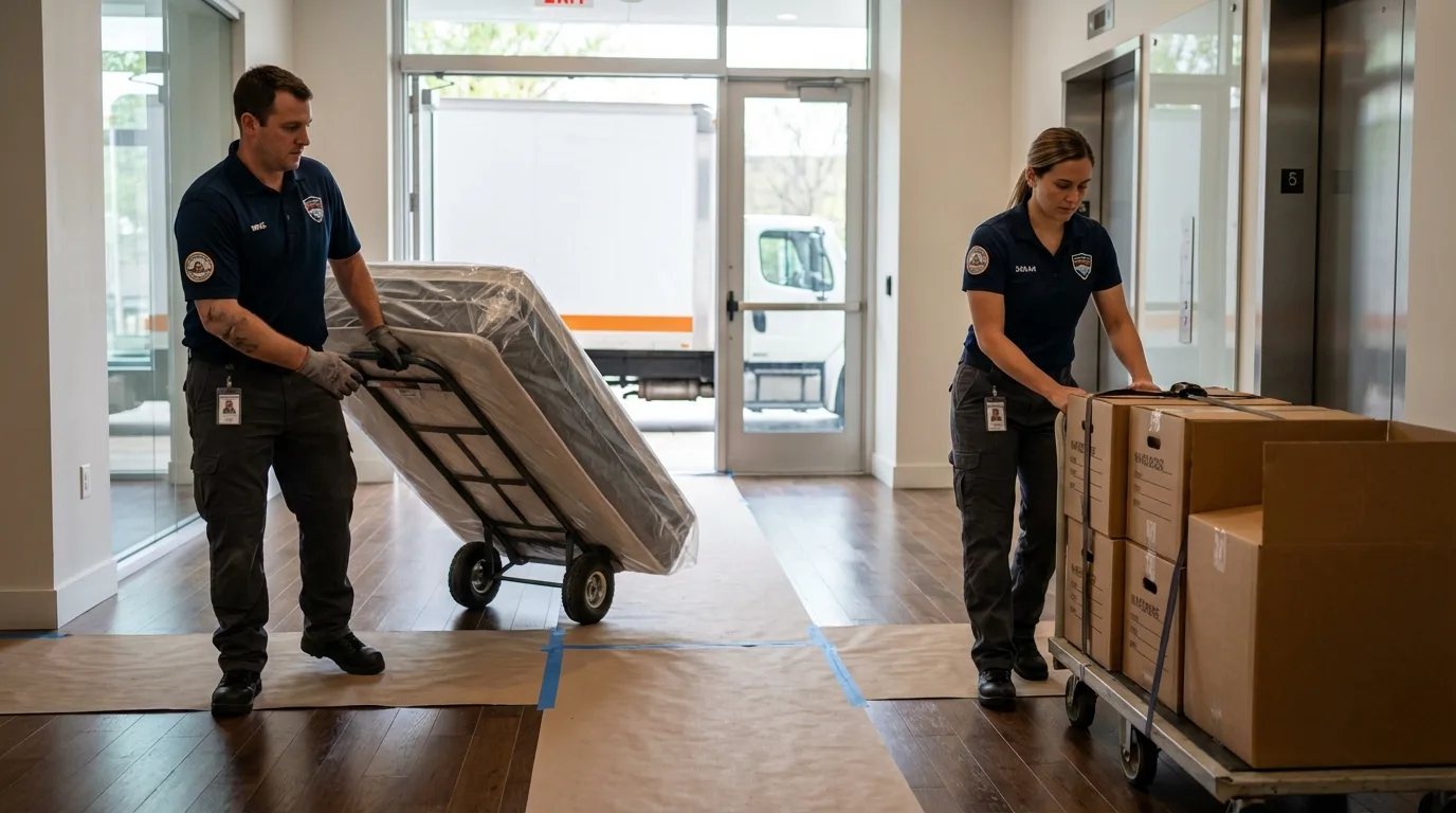 Professional apartment movers loading elevator in Belle Plaine, IA