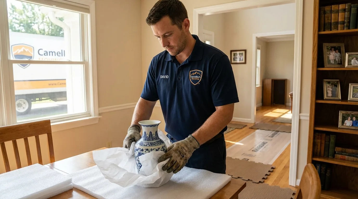 Professional crew carefully wrapping antique vase for senior downsizing move in Belle Plaine, IA